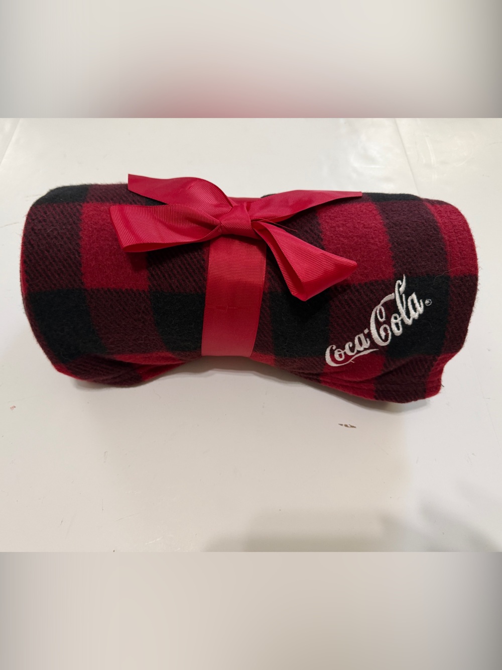 Coca Cola Red and Black Buffalo Plaid Fleece Throw with Bow